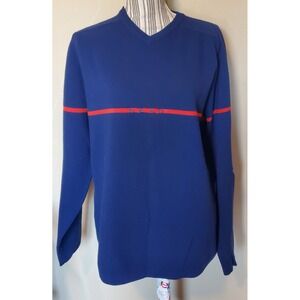 Vintage Ahead USA Mens XL Blue 100% Wool V-Neck Red Racing Stripe Sweater